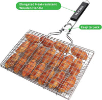 Fish Grilling Basket, Folding Portable Stainless Steel BBQ Grill Basket for Fish Vegetables Shrimp with Removable Handle, Come with Basting Brush and Storage Bag