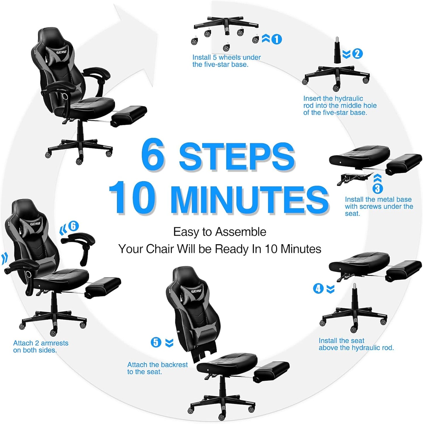 ELECWISH Gaming Chair, Backrest and Seat Height Adjustable Swivel Recliner Racing Office Computer Ergonomic Video Game Chair with Footrest and Lumbar Support, Gray