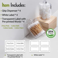 4 Pack Acrylic Qtip Holder Dispenser for Cotton Swabs, Balls, Pads, Floss Picks- Small Clear Plastic Canister Apothecary Jar Set, Bathroom Essentials Accessories Decor, Vanity Makeup Storage Organizer