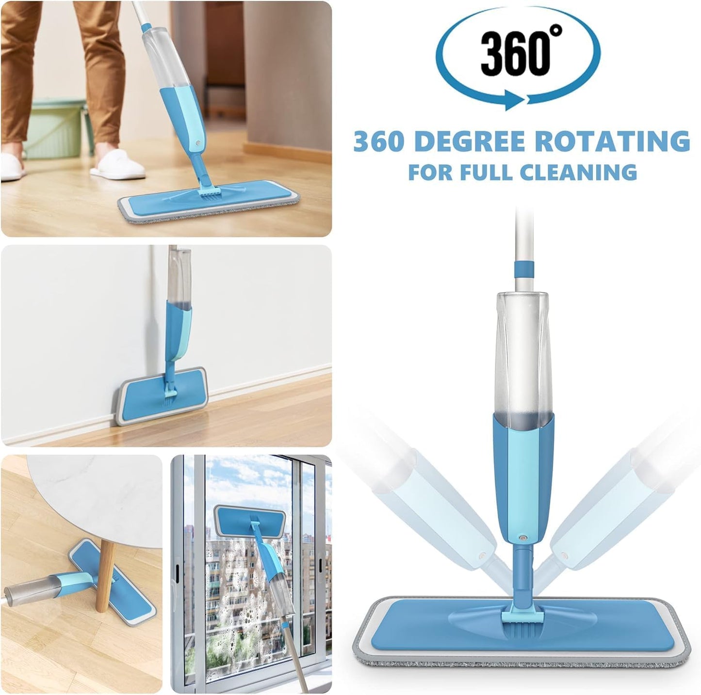PAPCLEAN Microfibre Spray Mop with 3 Reusable Pads and Refillable Bottle, 360 Degree Spin Mop for Hardwood, Marble, Tile, Laminate, or Ceramic Floors - Cyan Blue