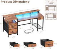 Furologee 60" Computer Desk with 4 Drawers and Printer Space, Gaming Desk with LED Lights and USB Power Outlets, Office Desk with Fabric File Cabinet, Work Table with Shelf for Bedroom, Rustic Brown