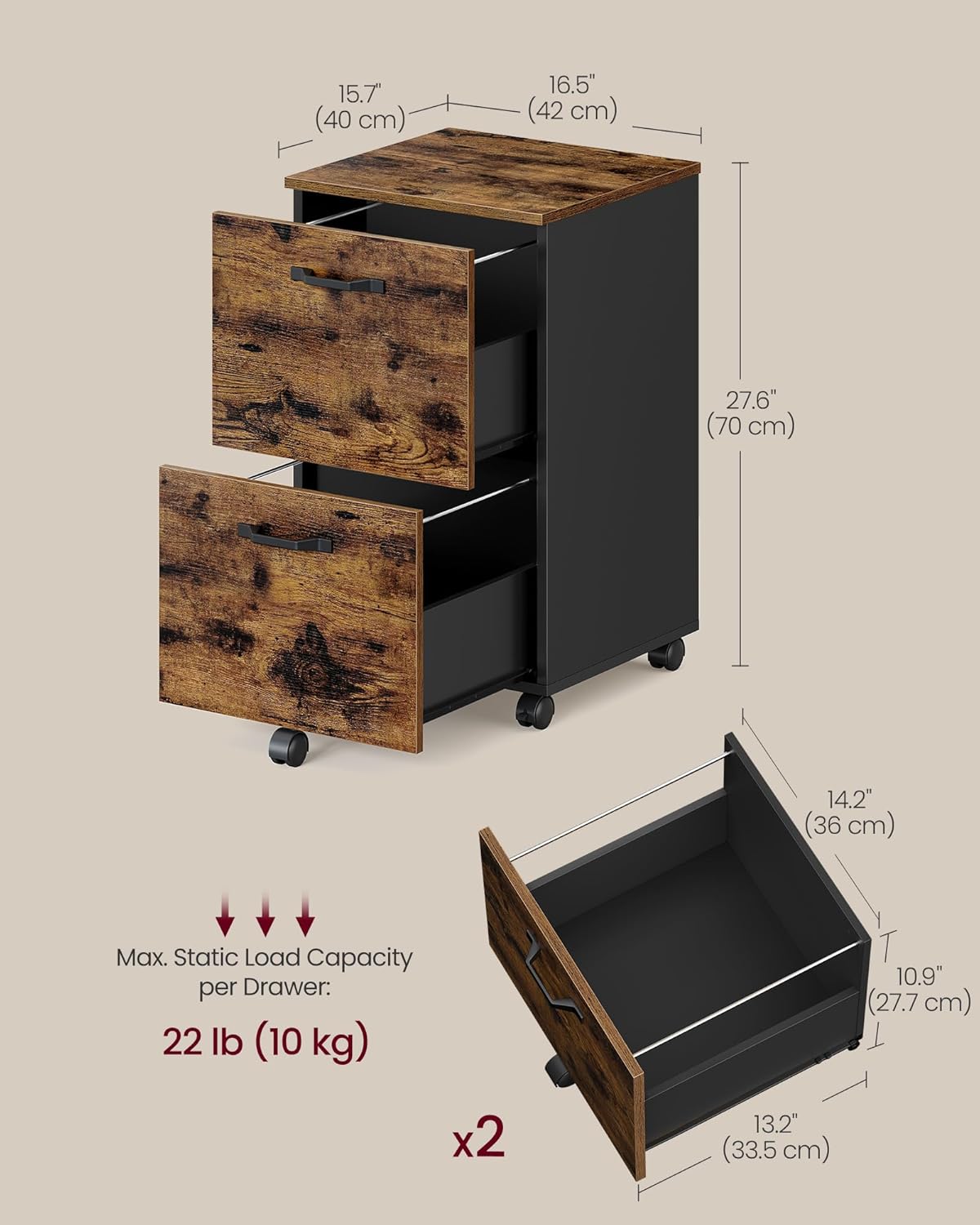 VASAGLE 2-Drawer File Cabinet, Small Rolling Filing Cabinet for Home Office, Printer Stand, for A4, Letter-Size Documents, 15.7 x 16.5 x 27.6 Inches, Rustic Brown and Ink Black UOFC040B01