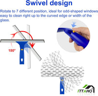 ITTAHO Squeegee for Window Cleaning,12" Squeegee and 11" Microfiber Scrubber Combi with Stainless Steel Pole,Extendable Window Cleaner for Car,Sliding Door,Shower Glass Door-Swivel Style-2 Pads