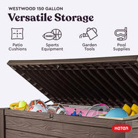 Keter Westwood 150 Gallon Deck Box Organizer, Doubles as 2-Person Bench Seat, Brown – Large Resin Outdoor Storage and Seating with Lockable Lid for Garden, Pool, and Patio