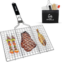 Fish Grill Baskets for Outdoor Grill Vegetables, Fish Grilling rack for Grill, BBQ Grilling Basket, Stainless steel Grill Basket for Veggies, shrimp Includes 50 skewers, Silicon Brush, and Carry Bag