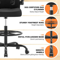 Ergonomic Drafting Chair, Tall Office Chair with Flip-up Armrests, Breathable Mesh High Desk Chair with Lumbar Support Adjustable Footrest Ring for Standing Desk Black