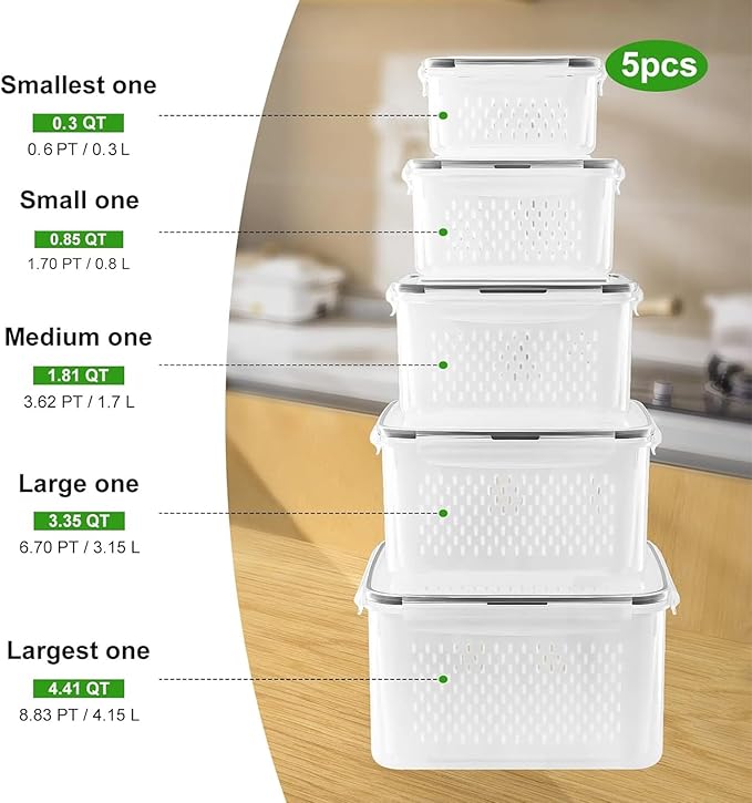 5 PCS Large Fruit Containers for Fridge - Leakproof Food Storage Containers with Removable Colander - Dishwasher & microwave safe Produce Containers Keep Fruits, Vegetables, Berry, Meat Fresh longer
