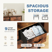 DUMOS Dresser for Bedroom, Storage Organizer with 9 Drawers, Chest of Drawers with Fabric Bins, Sturdy Metal Frame, Wood Tabletop for Guest Room, Closet, Entryway, Brown