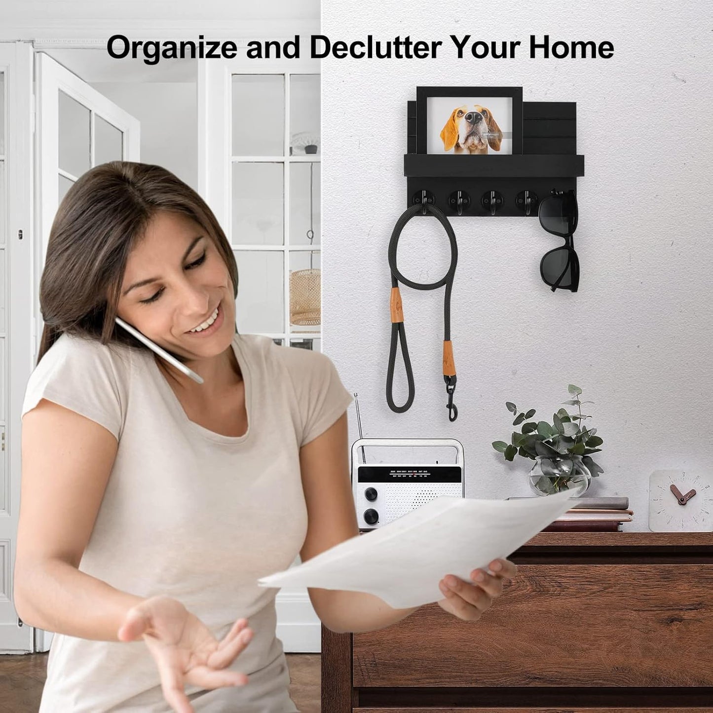 Wall Key Holder with Shelf, Hooks for Bags & Coats, Paulownia Wood, 9.8 x 6.7 x 4.2 - Cart Shape