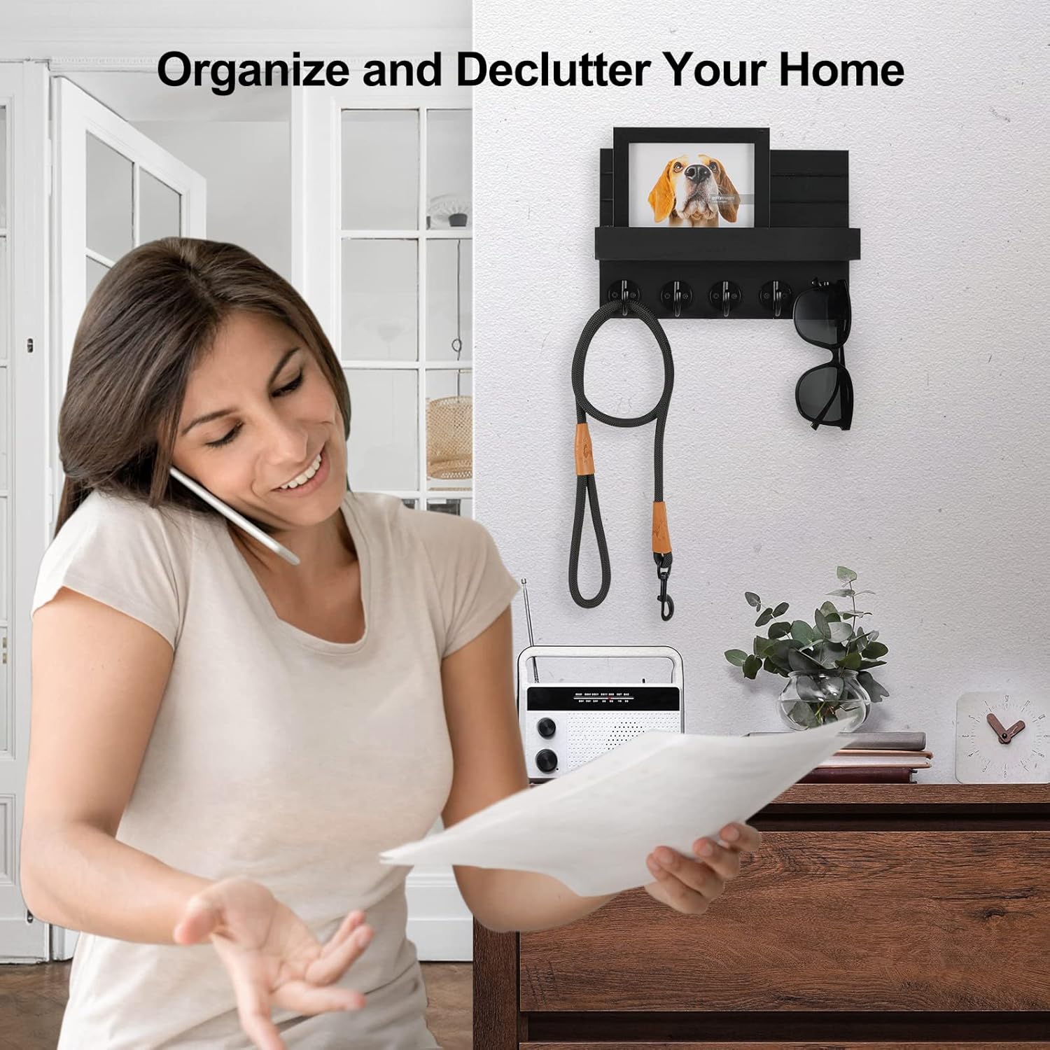 Wall Key Holder with Shelf, Hooks for Bags & Coats, Paulownia Wood, 9.8 x 6.7 x 4.2 - Cart Shape