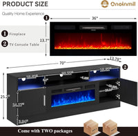 oneinmil 70" Fireplace TV Stand with Power Outlet for TVs Up to 80", Electric Fireplace Entertainment Center with LED Lights & Storage Cabinets, Media Console Table for Living Room, Black