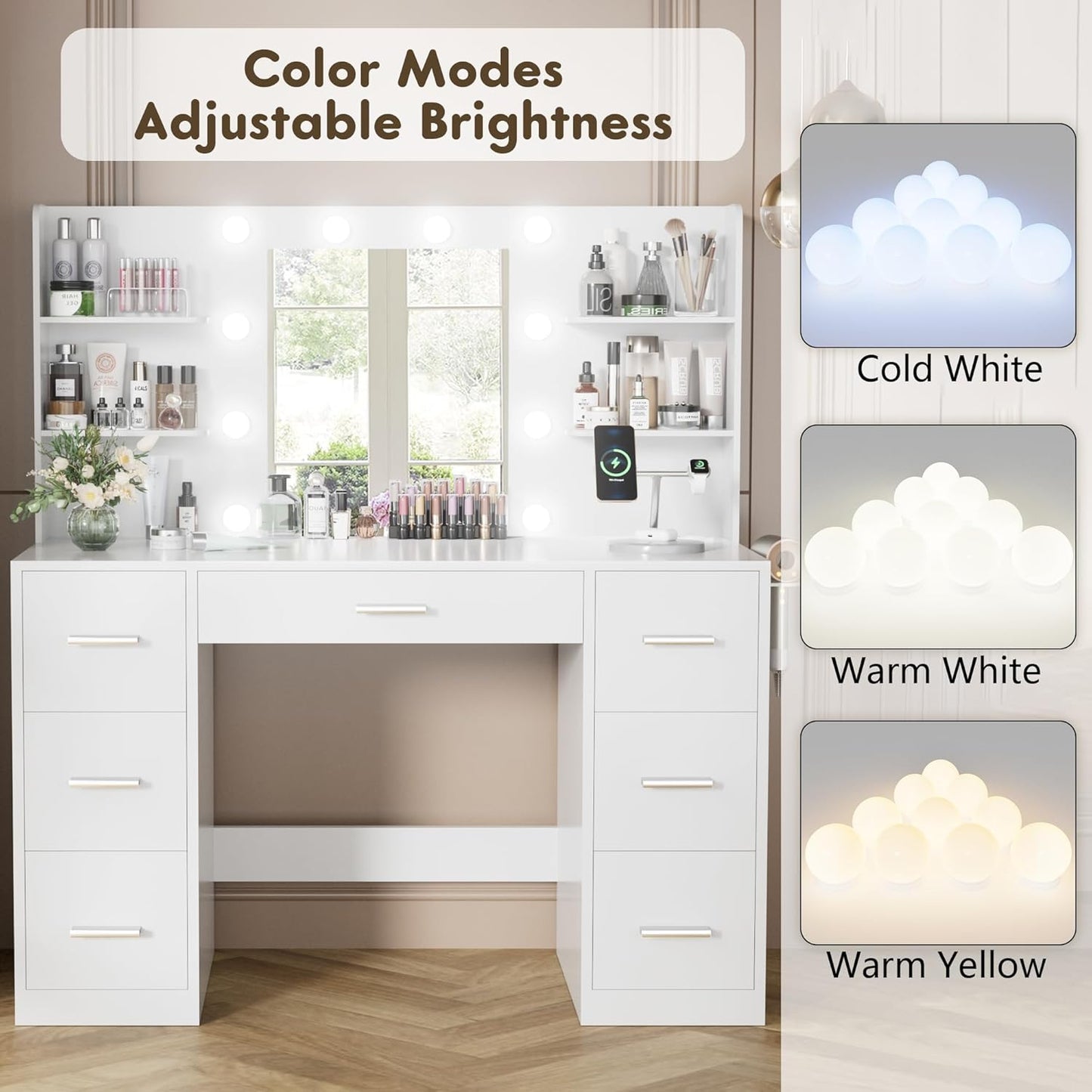 YESHOMY Vanity Desk with Mirror, Power Outlet and 10 Lights, Makeup Table with 7 Drawers, 3 Color Modes Available for Bedroom, White