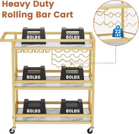 Leteuke Bar Cart for Home, 3 Tier Gold Serving Rolling Carts with Wheels, Drink Cart, Liquor Stand with Marbled Wooden Shelves, Wine Rack and Glass Holder for Kitchen, Dining Room