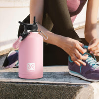 Insulated Water Bottle | Thickened Stainless Steel Vacuum Metal Thermos | Portable Sports Half Gallon Large Water Jug for Gym and Hiking with Straw, Carrier Bag, Handle Strap | BPA-Free 64 oz