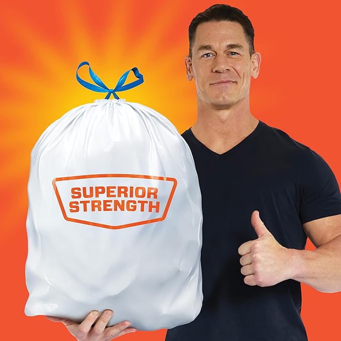 Hefty Strong 13 Gallon Trash Bags, Tall Kitchen Bags, UnscentedLarge Bags with Drawstrings, Durable Closure, Resists Leaks, Punctures, and Tears, White, Unscented, 90 Bags