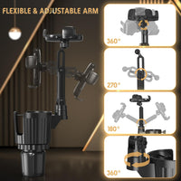 Phone Holders for Your Car, 2 in 1 Universal Cup Holder Expander Adjustable Base with Phone Mount, Long Arm with 360°Rotation Cup Holder Phones Mount for Car Compatible with All Smartphones