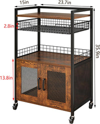 Coffee Bar Cabinet, 3 Tier Coffee Station Table on Wheels, 35.9" H Bar Cart with Wire Basket Drawer & 5 Hooks for Home Kitchen, Liquor Buffet Sideboard Cabinet (Rustic Brown)