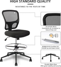 Armless Drafting Chair Tall Office Chair Adjustable Height High Back Ergonomic Desk Chair Drafting Stool Rolling Bar Stools Chairs with Footrest and Wheels