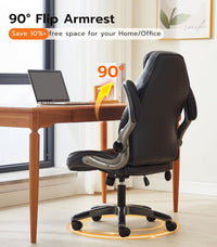 Office Desk Chair, Ergonomic Computer Chair with Padded Flip-Up Arms and Adjustable Lumbar Support, PU Leather Executive Chair with Tilt Lock and 360° Swivel Rolling Wheels for Work, Study