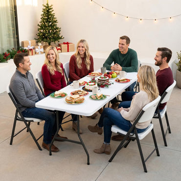 Folding Table 6FT HDPE 6 Foot Foldable Table Portable Banquet Surface Fold-in-Half Desk Utility for Working Meeting Parties, Picnic, Camping, Weddings, Catering, Garden Dining-White