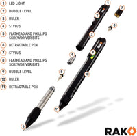 RAK Multitool Pen Gifts for Men, 2-Pack 11 in 1 Multitool Pen Set, Tech Cool Gadgets Stocking Stuffer Holiday Gifts for Dad, Husband, Grandpa, Him, EDC Tactical Pen Tool, Gift-Ready Box