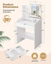 Small Makeup Vanity Desk with Lighted Mirror, White, 23.62" W x 15.74" D x 53.93" H (Smart LED Mirror, Open Shelves, 2 Drawers)