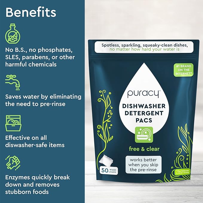 Puracy Dishwasher Pods, Natural Dishwasher Detergent, Free & Clear Dish tabs - Enzyme-Powered, Spot & Residue Free - TikTok Trend Items, Must Haves from TikTok Made Me Buy It (Free & Clear, 50 Count)