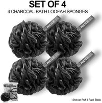 Shower Puff 4 Pack Black Bath Sponge Shower Loofahs Pouf Ball Nature Bamboo Charcoal Mesh Bulk Puffs Large, Shower Essential Skin Care by WhaleLife