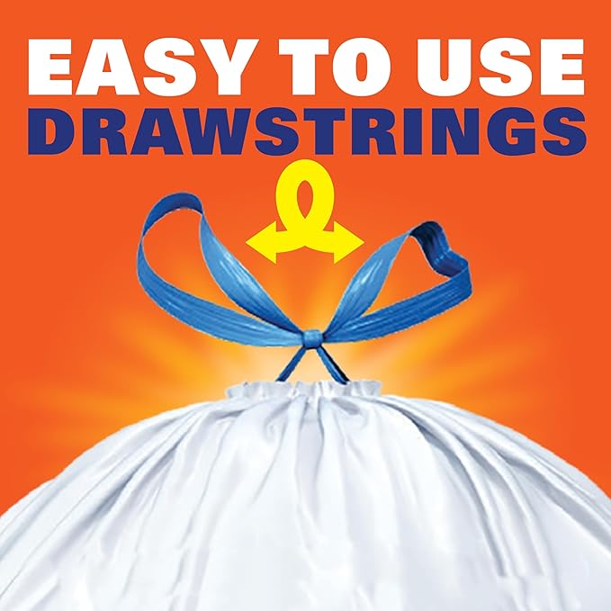 Hefty Strong 13 Gallon Trash Bags, Tall Kitchen Bags, UnscentedLarge Bags with Drawstrings, Durable Closure, Resists Leaks, Punctures, and Tears, White, Unscented, 90 Bags