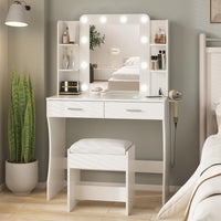 Vabches Vanity Desk with Lights,Makeup Vanity with Power Strip,Dressing Table Set with 2 Large Drawers,Vanity Mirror 3 Lighting Color Adjustable,White