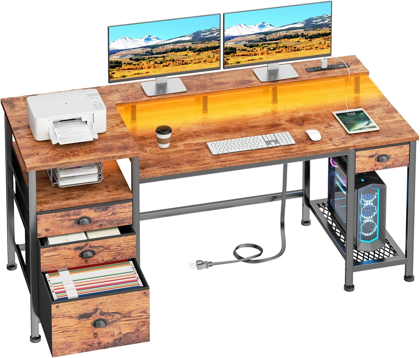 Furologee 60" Computer Desk with 4 Drawers and Printer Space, Gaming Desk with LED Lights and USB Power Outlets, Office Desk with Fabric File Cabinet, Work Table with Shelf for Bedroom, Rustic Brown