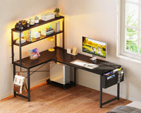 ODK 53 Inch L Shaped Desk with LED Lighting, Reversible Gaming Desk with Power Outlets, Cornor Computer Table with Storage Shelves & Bag & Iron Hook, Home Office Table for Writing, Study, Black