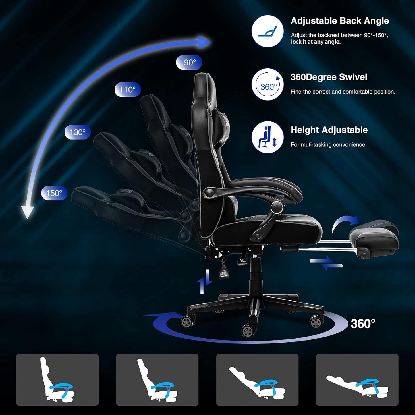 ELECWISH Gaming Chair, Backrest and Seat Height Adjustable Swivel Recliner Racing Office Computer Ergonomic Video Game Chair with Footrest and Lumbar Support, Gray