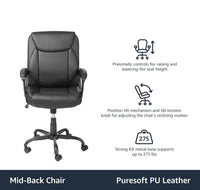 Puresoft PU Padded Mid-Back Height Adjustable Office Computer Desk Chair with Armrest, 26"D x 23.75"W x 42"H, Black