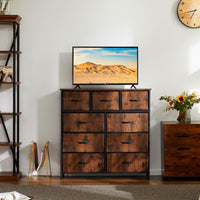 DUMOS Dresser for Bedroom, Storage Organizer with 9 Drawers, Chest of Drawers with Fabric Bins, Sturdy Metal Frame, Wood Tabletop for Guest Room, Closet, Entryway, Brown