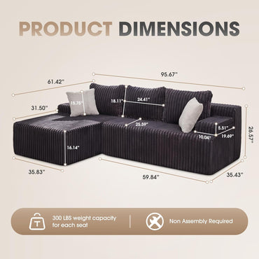 Hobestluk 96“ Modular Sectional Sofa Couches L-Shape Couch 3 Seat Modular Sofa Memory Foam Sectional Couches for Living Room, Cloud Couch with Oversized Chaise (Grey, Stripe (Left Facing Chaise))