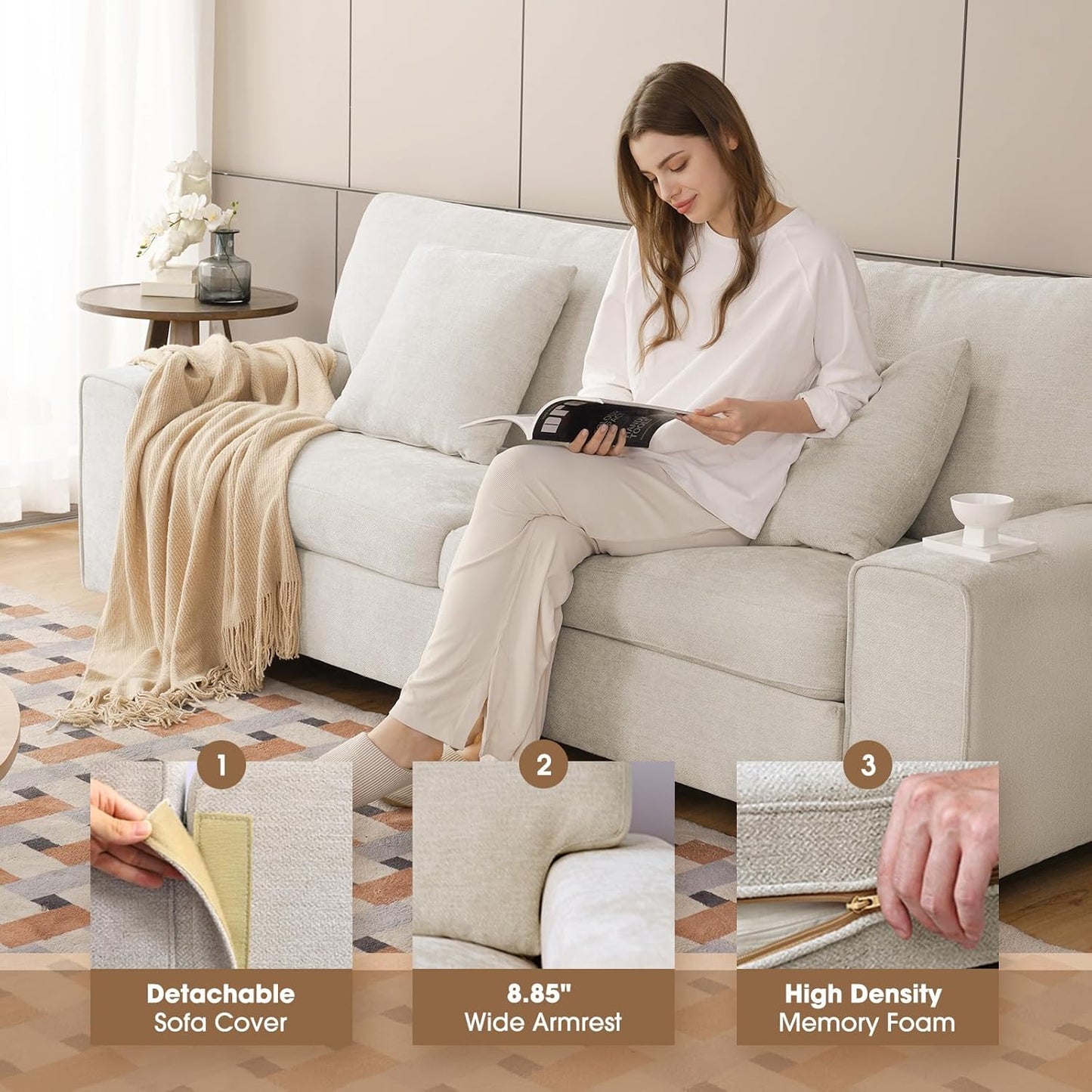 DOPEDIO Modern Loveseat Sofa for Living Room,Chenille Recliner, Removable Cover, Spring Cushions, Solid Wood Frame, Easy Assembly for Small Spaces (71.25inch，Beige)
