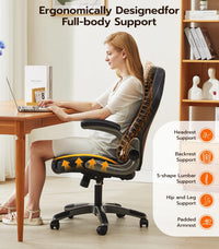 Office Desk Chair, Ergonomic Computer Chair with Padded Flip-Up Arms and Adjustable Lumbar Support, PU Leather Executive Chair with Tilt Lock and 360° Swivel Rolling Wheels for Work, Study