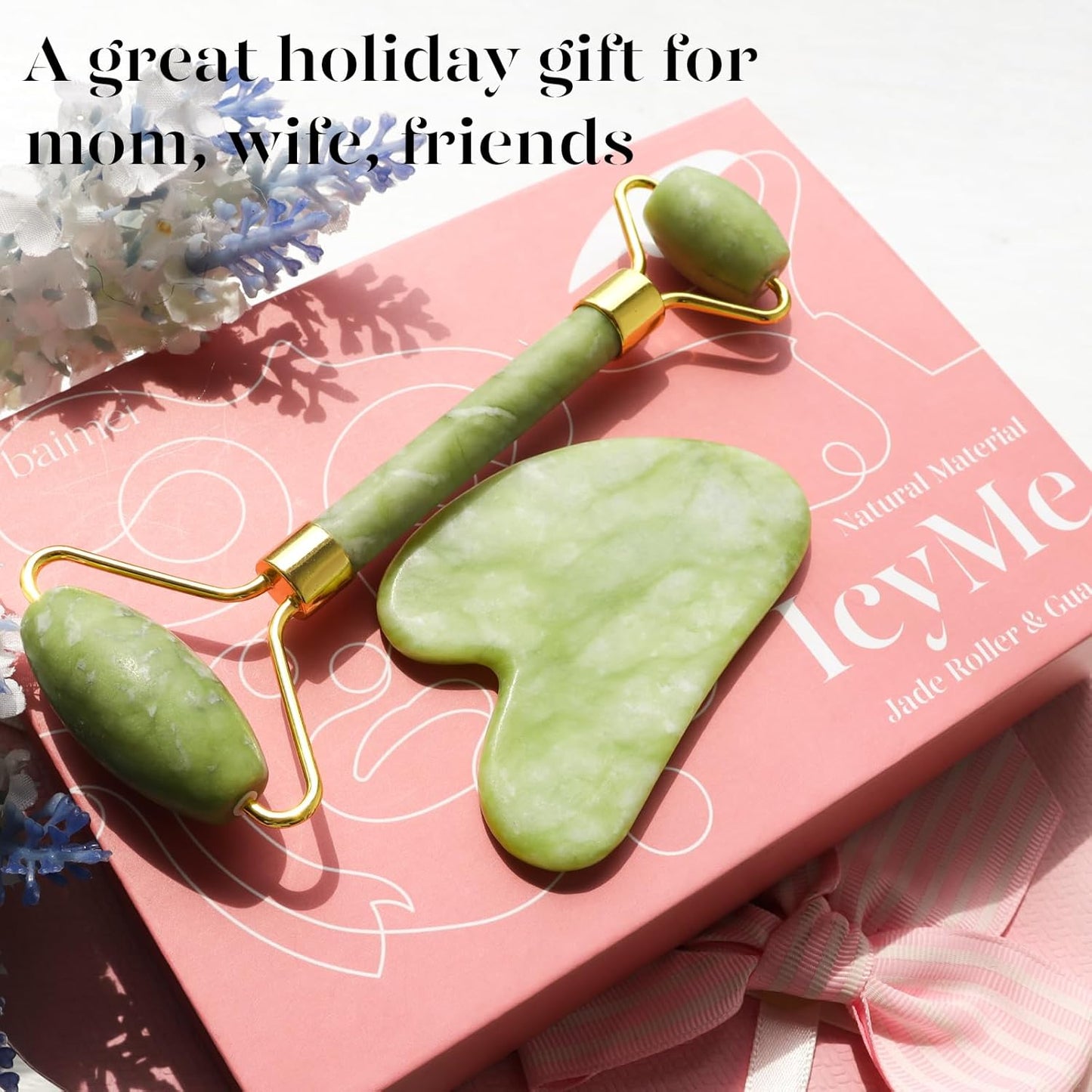 BAIMEI Gua Sha Set and Jade Roller, Jade Gua Sha & Face Rollers for Women, Self Care Gifts for Women, Body Muscle Relaxing, Improve Eye Puffiness, Skin Care Gift
