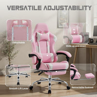 DUMOS Ergonomic Gaming Office Desk Chair with Footrest and Headrest for Adults, PU Leather Video Computer Chair with Linkage Armrests, Height Adjustable 360° Swivel Recling Chair, White Pink