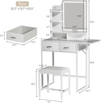 Makeup Vanity Desk with Mirror and Lights, Small Vanity with Fabric Storage Drawer & Chair & Shelves, White Vanity with Fold-up Panel and Power Outlet for Bedroom