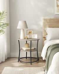 VASAGLE Side Table, 2-Tier Round End Table, Nightstand with Steel Frame for Small Spaces, Living Room, Bedroom, Heather Greige and Ink Black