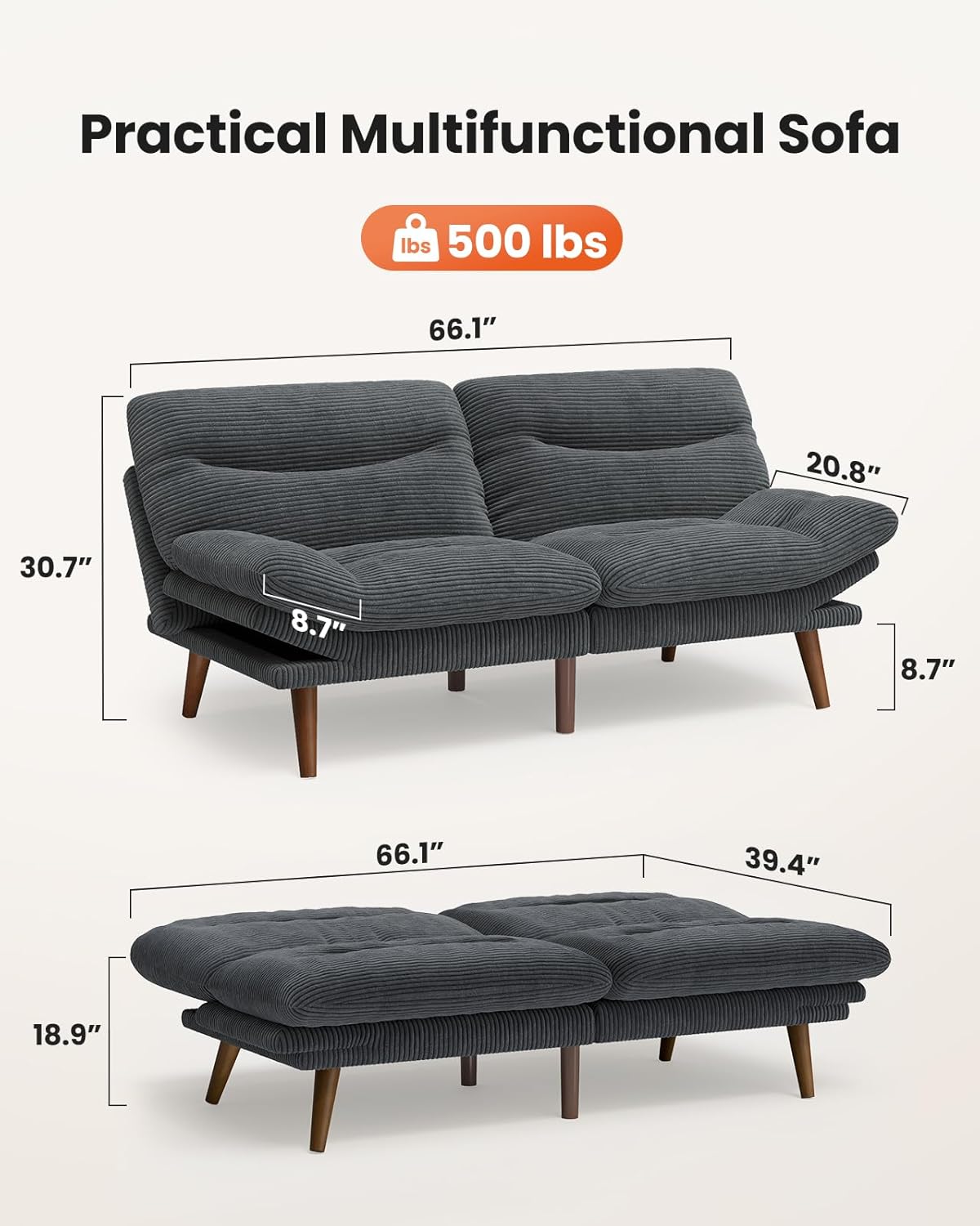 Pipishell Convertible Futon Sofa Bed,66" Corduroy Futon Couch with Adjustable Backrest and Armrests, Recliner Sleeper Sofa for Small Spaces, Play Room or Office, Grey