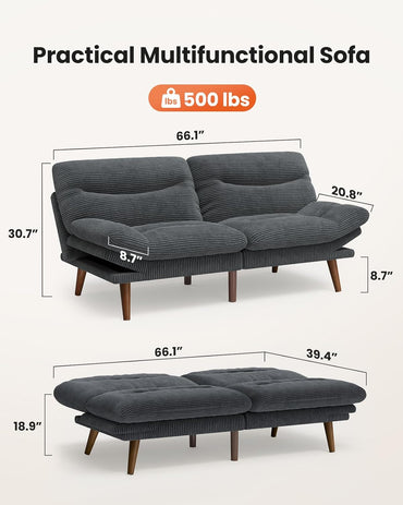 Pipishell Convertible Futon Sofa Bed,66" Corduroy Futon Couch with Adjustable Backrest and Armrests, Recliner Sleeper Sofa for Small Spaces, Play Room or Office, Grey