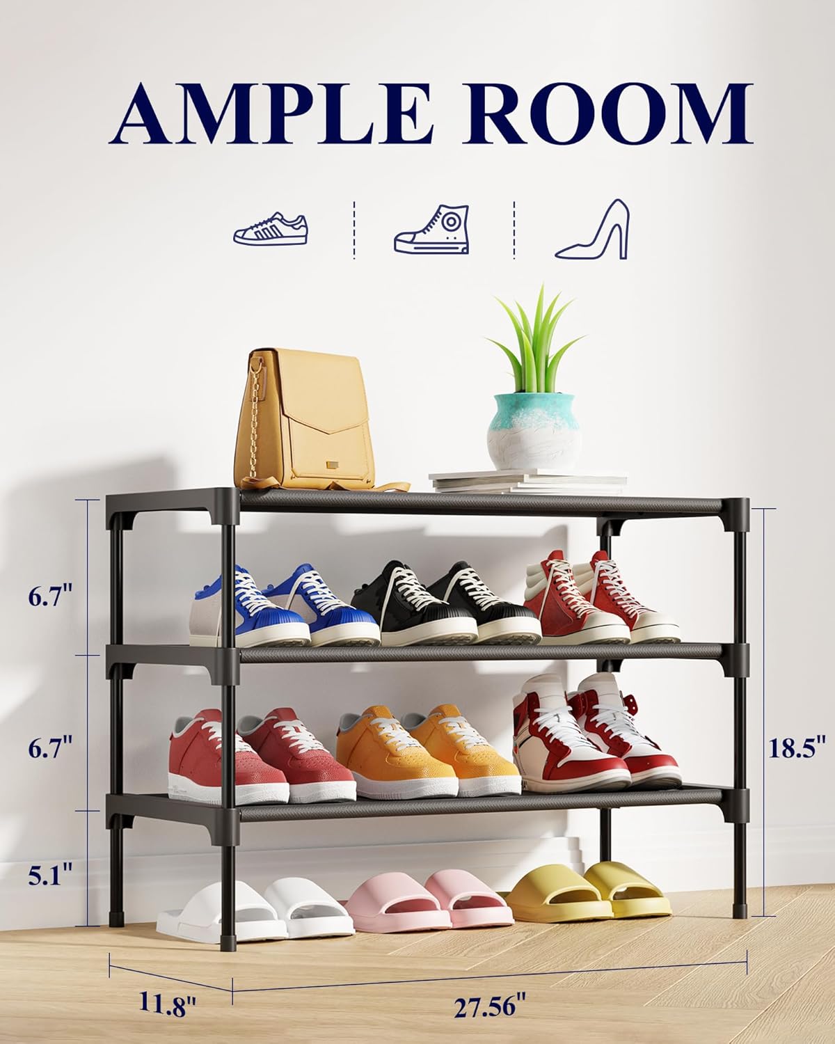 Kitsure Shoe Rack - Premium Non-Woven Shoe Rack Shelf, Shoe Organizer for Closet, Entryway, Garage & Corridor, Sturdy & Durable Long Stackable Shoe Shelves, Medium, Black