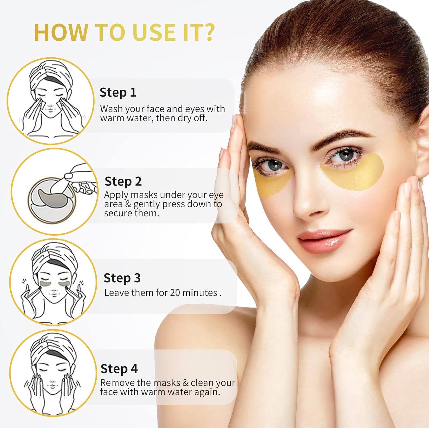 24K Gold Under Eye Patches – 60pcs for Dark Circles, Puffiness & Wrinkles Care - Cart Shape