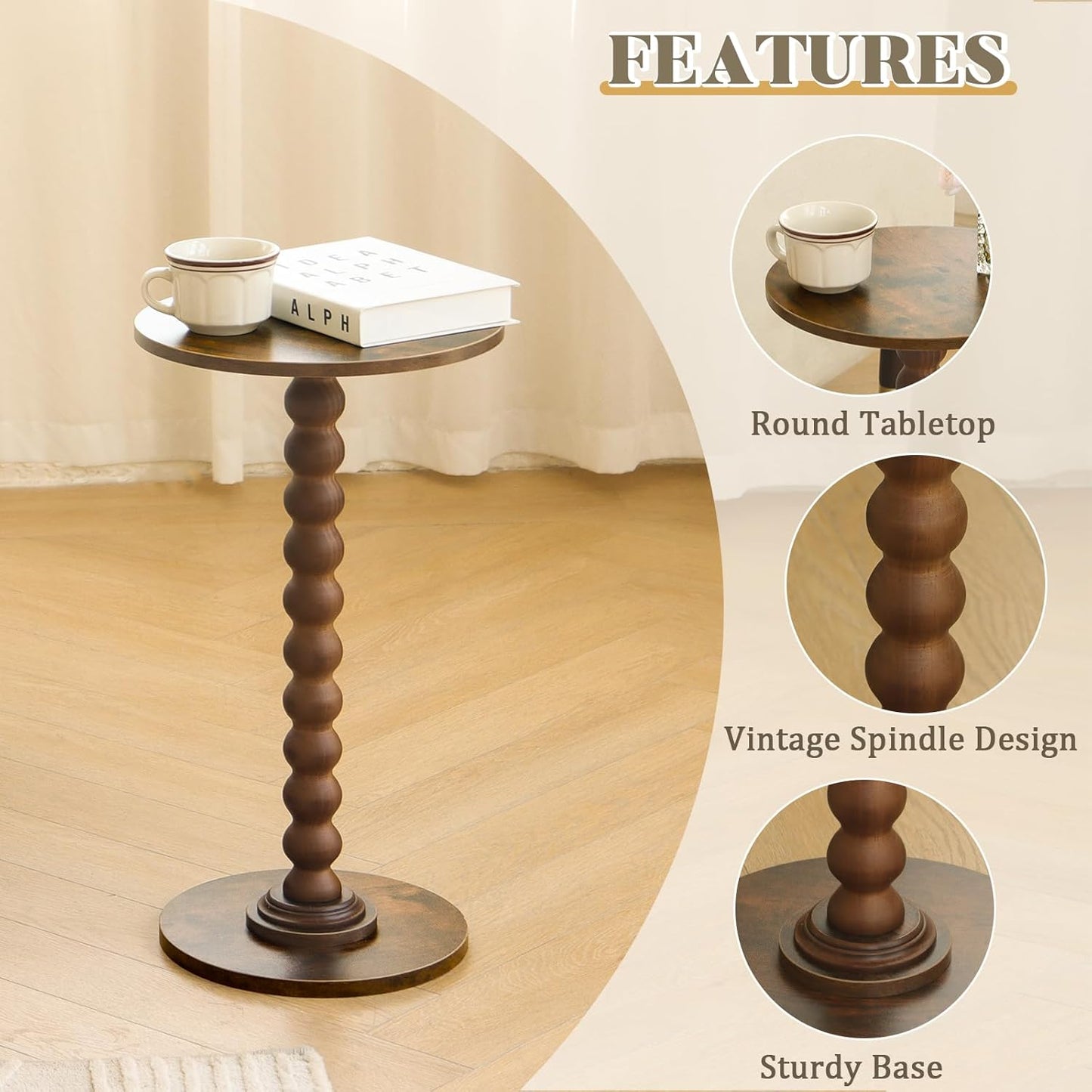 Round Side Table, Small Drink Table for Small Spaces, Modern Accent Nightstand with Solid Wood Leg for Living Room, Bedroom, Corners, and Office (Rustic Brown)