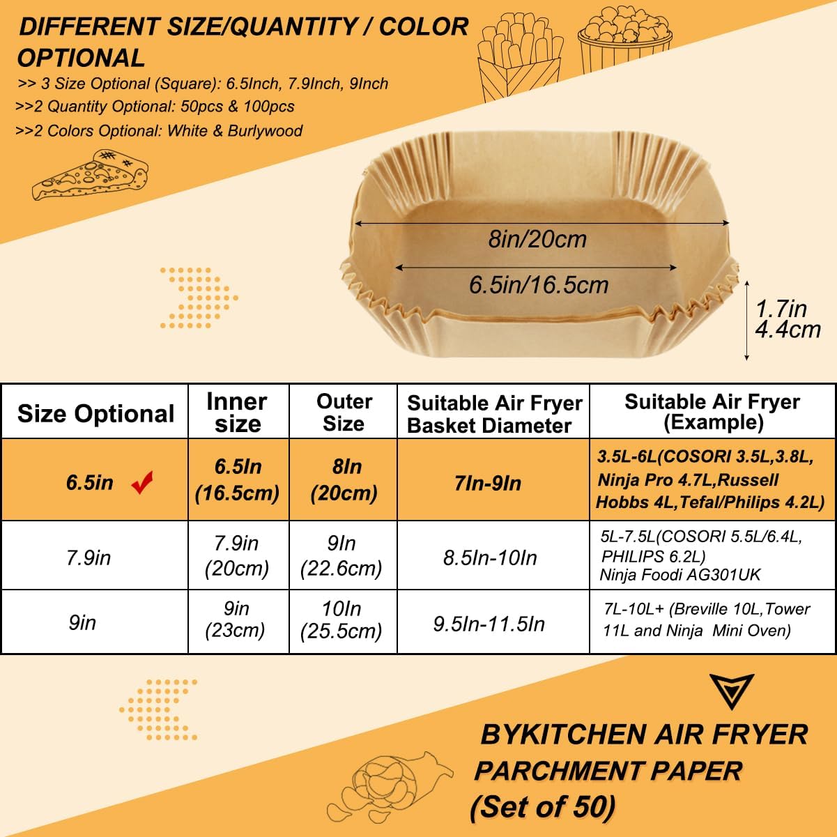 BYKITCHEN Air Fryer Parchment Paper Liner, 50PCS Square Air Fryer Liners Disposable, Greaseproof Paper, Compatible with COSORI, Ninja, Tefal, Russell Hobbs Fryers (Unbleached)