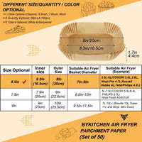 BYKITCHEN Air Fryer Parchment Paper Liner, 50PCS Square Air Fryer Liners Disposable, Greaseproof Paper, Compatible with COSORI, Ninja, Tefal, Russell Hobbs Fryers