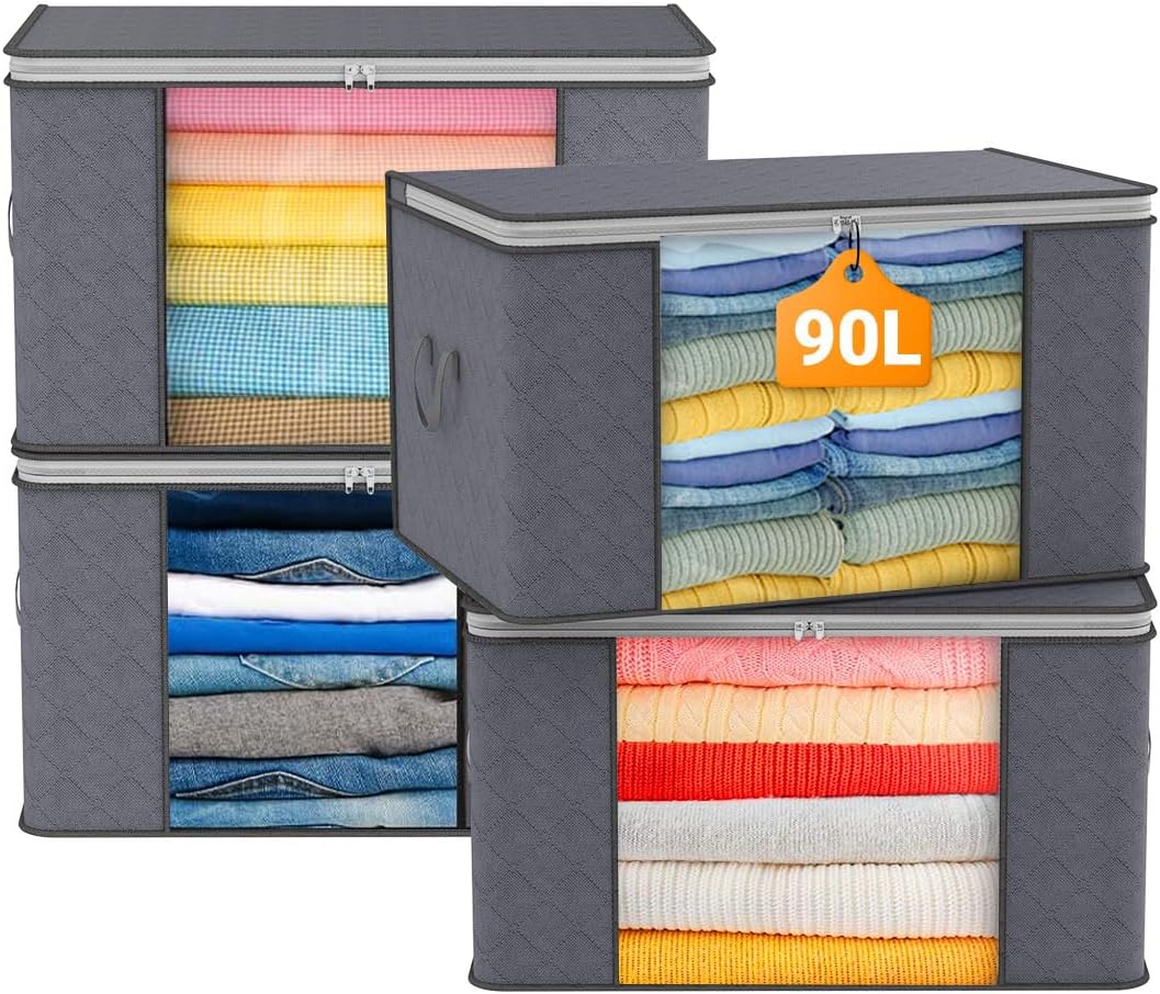 KALAHOL 90L Large Capacity Clothes Storage Bags with Zips, Storage Boxes with Lids, Reinforced Handle, Foldable, Thick Fabric, for Comforters, Clothes, Blankets, Bedding, 4 Pack, Dark Grey